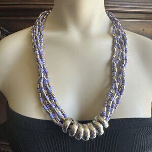 VTG Statement Necklace 25 Inch Beaded Multi Strand Purple Silver Hoop Retro